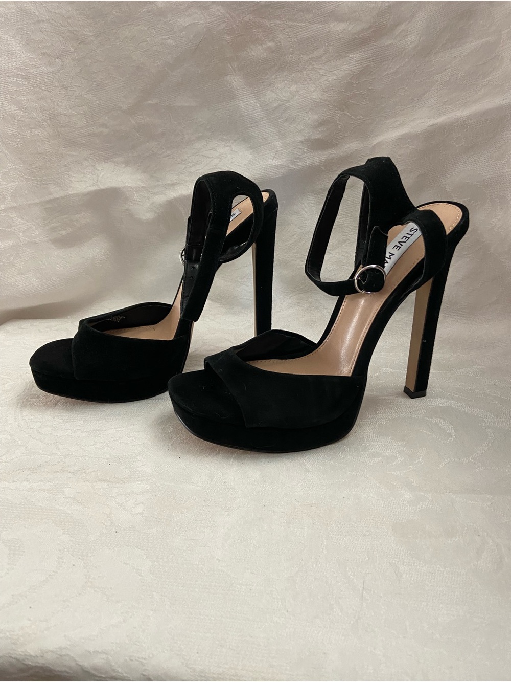 Steve Madden Black Suede Leather Open Toe Platform Ankle Strap Heels